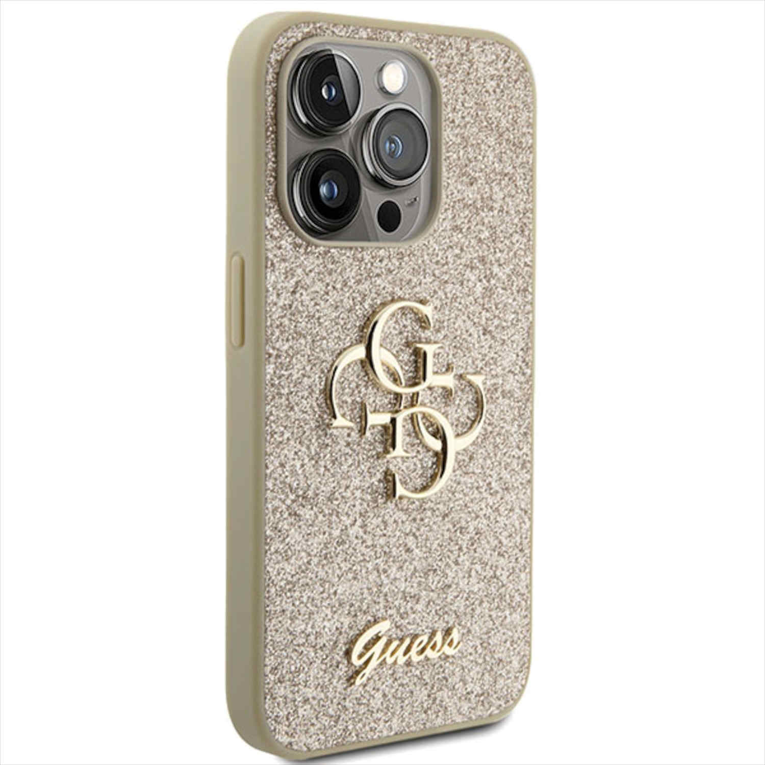 Custodia con finitura oro glitterata, logo Guess dorato. Ritagli fotocamera. Testo Guess dorato.