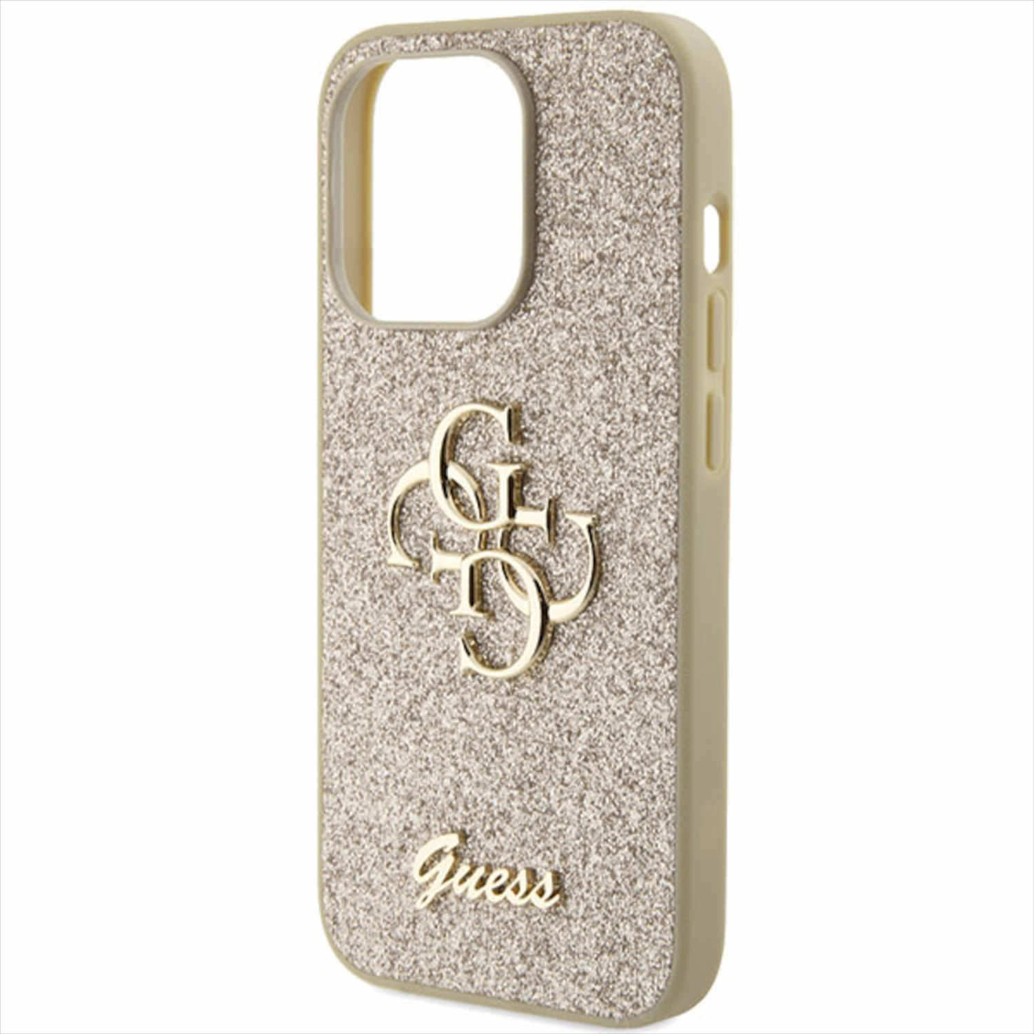 Custodia dorata con glitter e logo Guess.