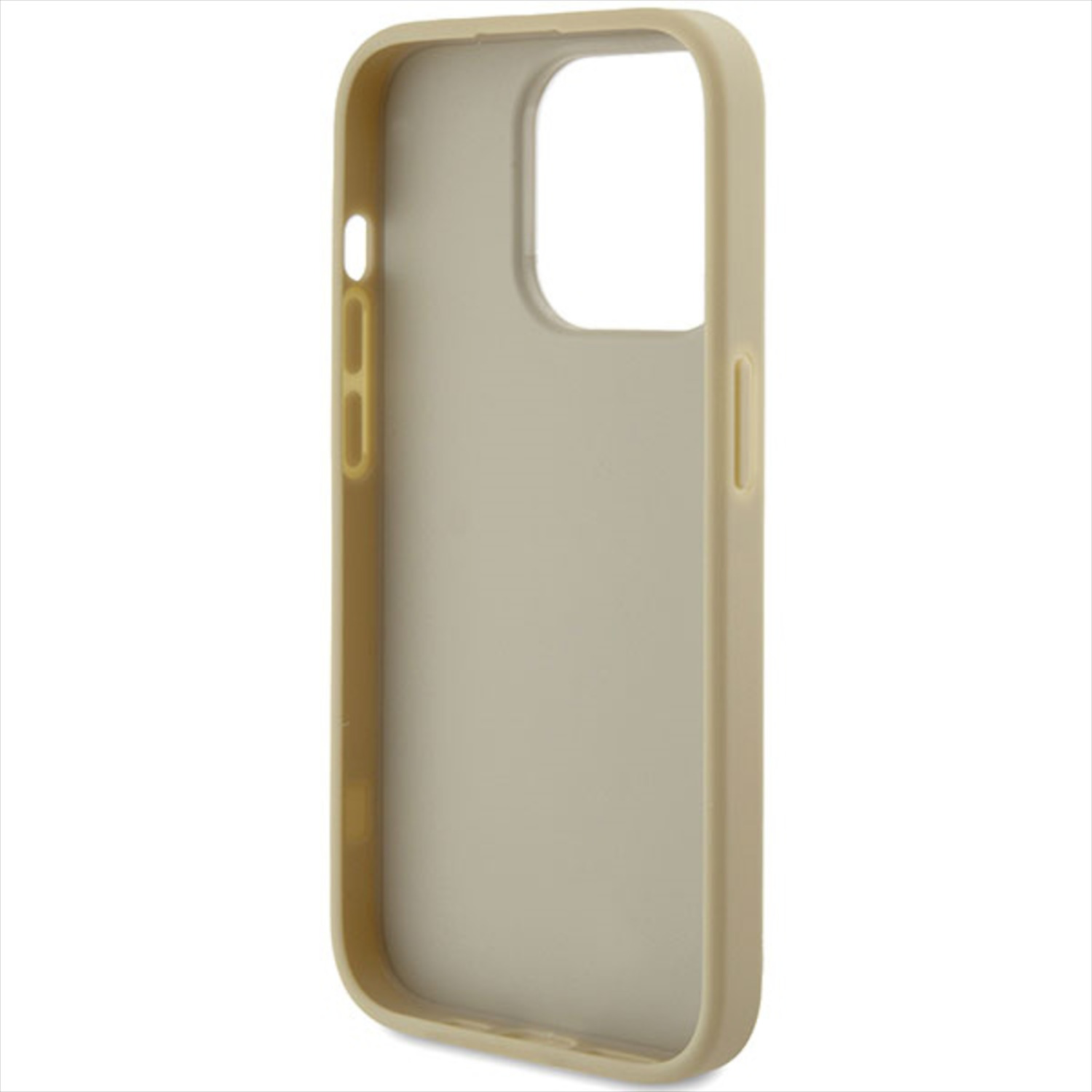 Custodia beige per telefono. Vista laterale. Sfondo bianco.