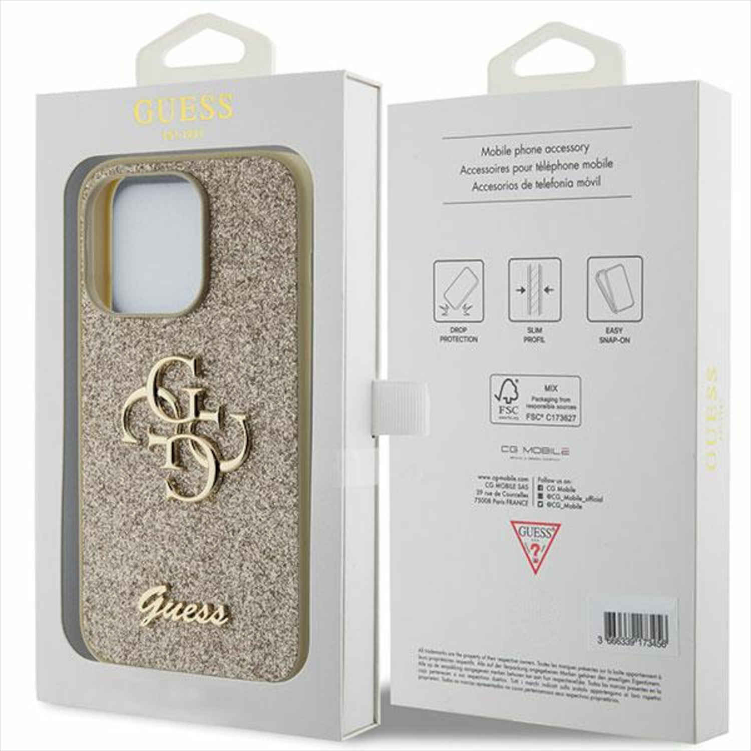 Custodia per telefono in scatola. Logo oro e design glitterato. Scatola bianca con logo Guess.