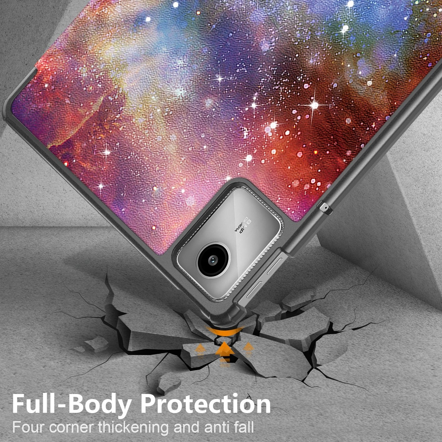 Funda de teléfono que muestra protección de cuerpo completo. El teléfono está sobre una superficie agrietada.