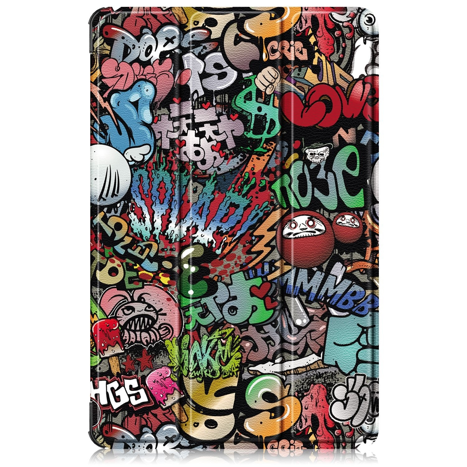 Una funda de tableta con arte de graffiti colorido que cubre la superficie.