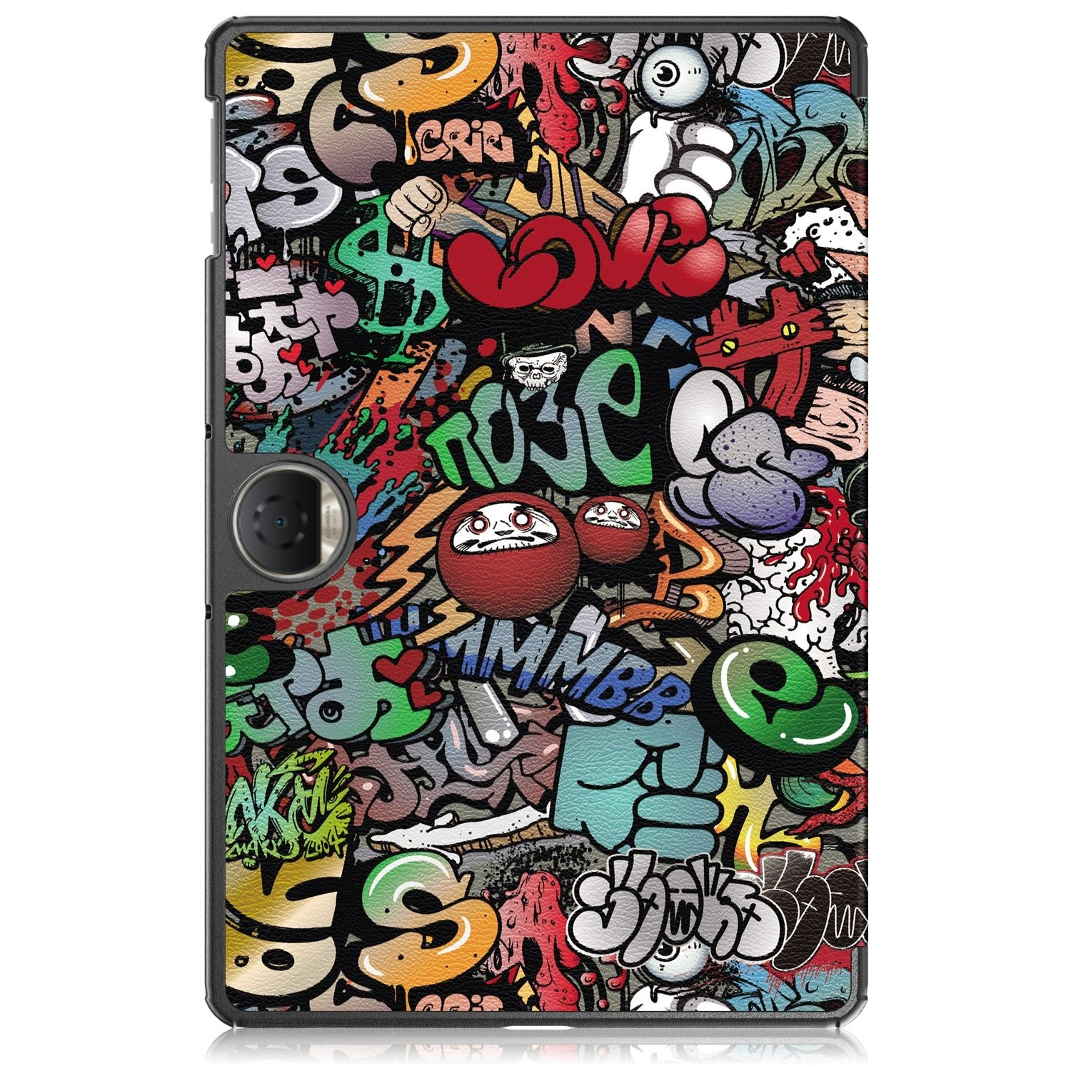 Funda de tableta con diseño de graffiti colorido. La funda está cerrada.
