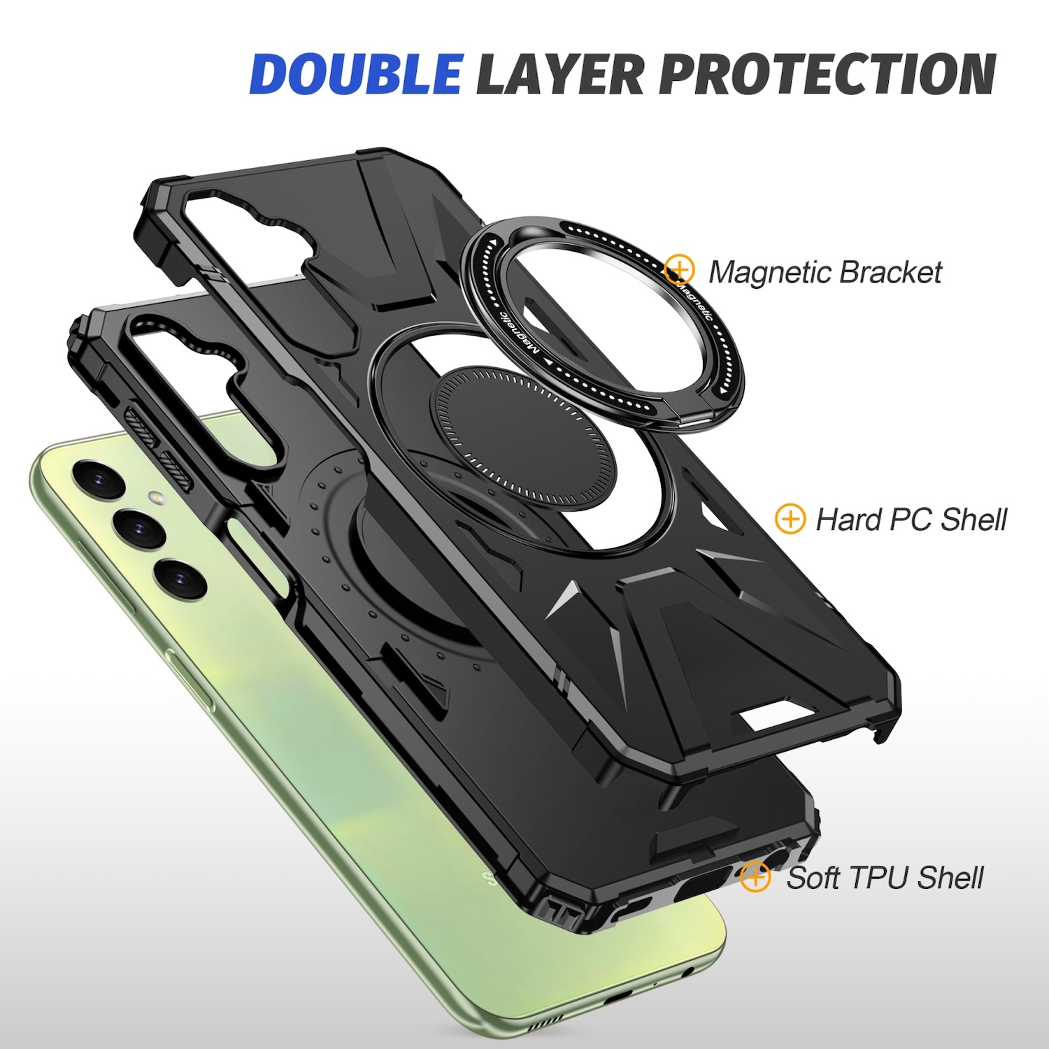 Funda de teléfono con protección de doble capa, que muestra capas de carcasa de TPU suave, carcasa de PC dura y soporte magnético.