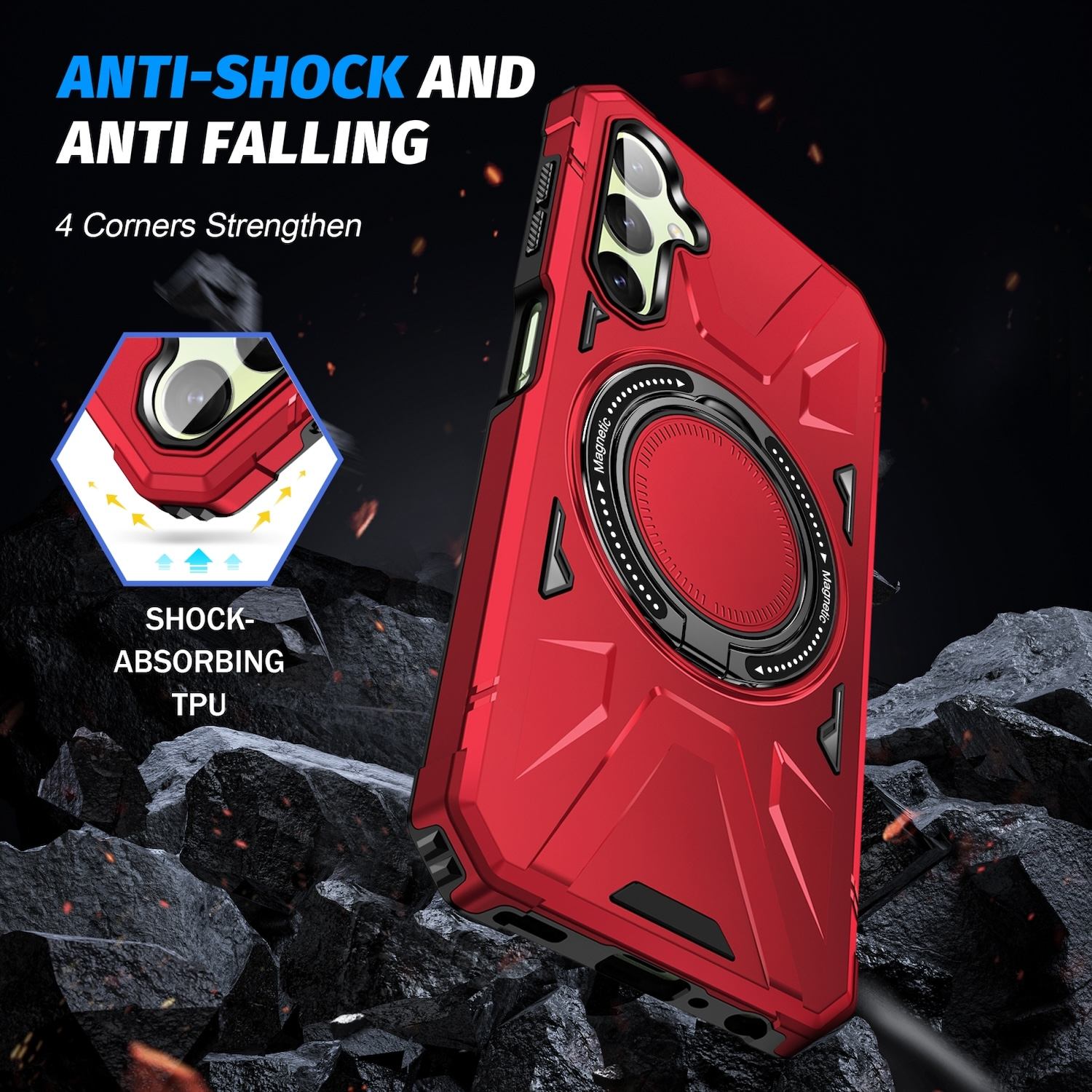 Funda de teléfono roja con anillo, texto y fondo de rocas. La funda está en ángulo.