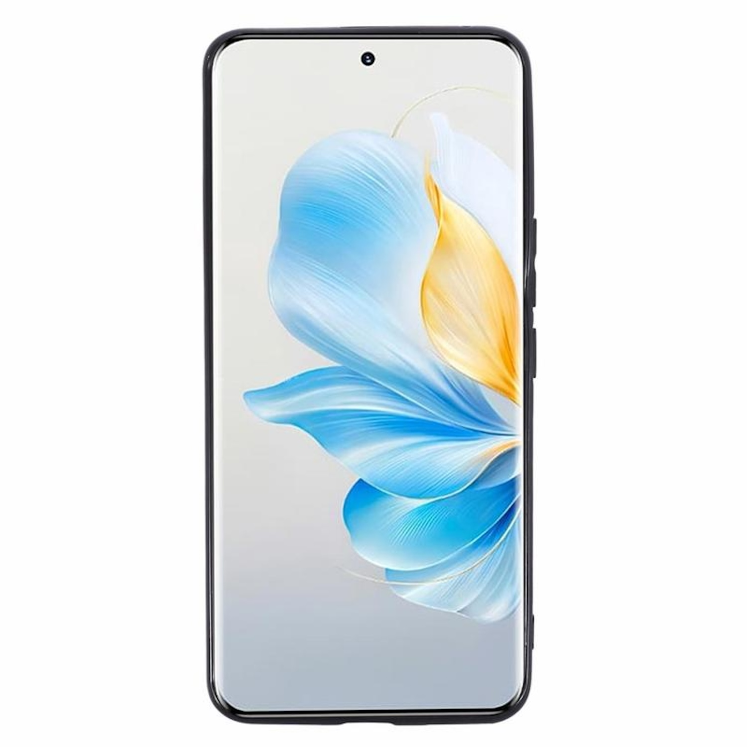 Schwarzes Telefon mit blau-gelbem Blumen-Hintergrund und schwarzem Rahmen.
