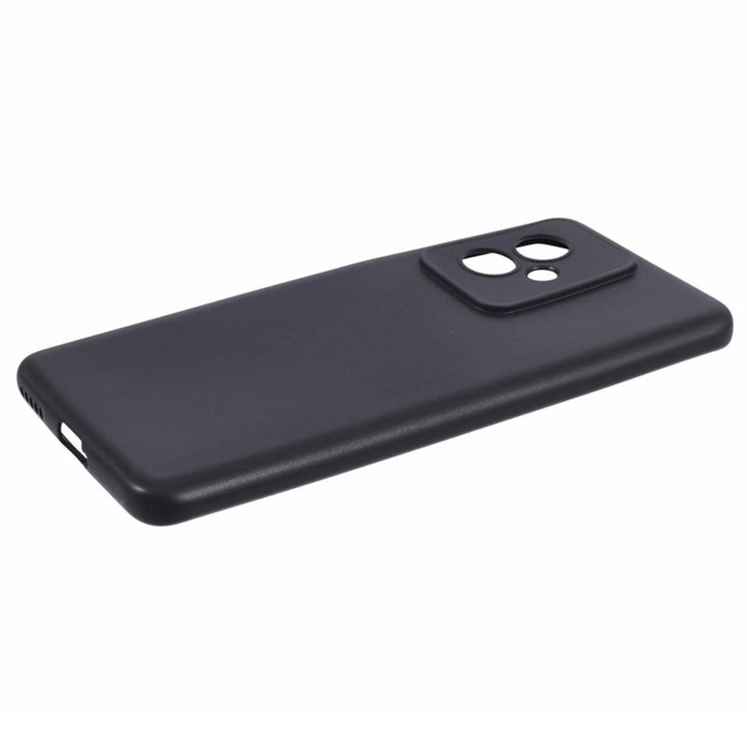 Schwarze Handyhülle mit Kameraaussparung. Die Handyhülle ist leer, ohne Telefon.