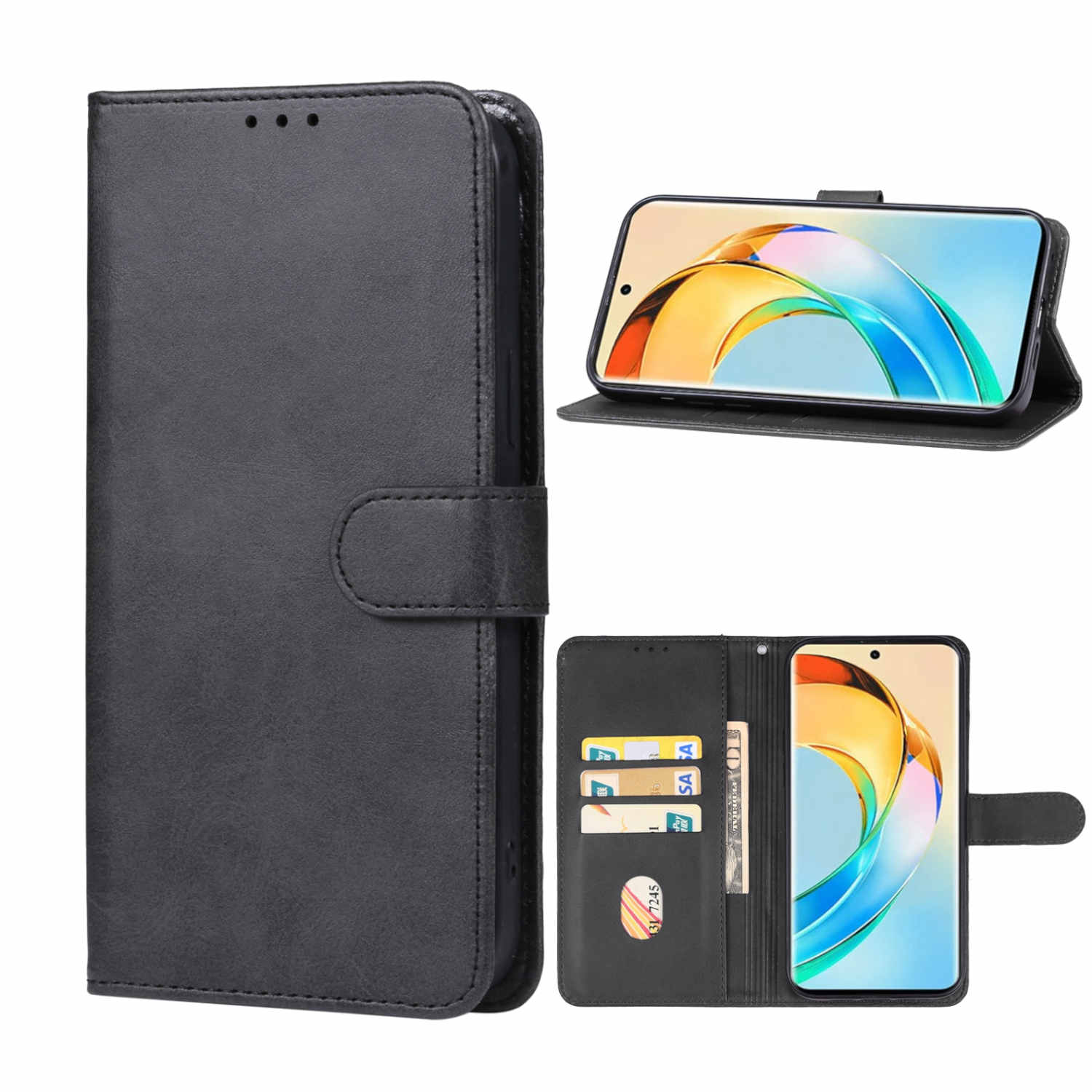 Schwarze Handyhülle mit lederartiger Textur, die ein Telefon zeigt. Offenes Design mit Kartenfächern.