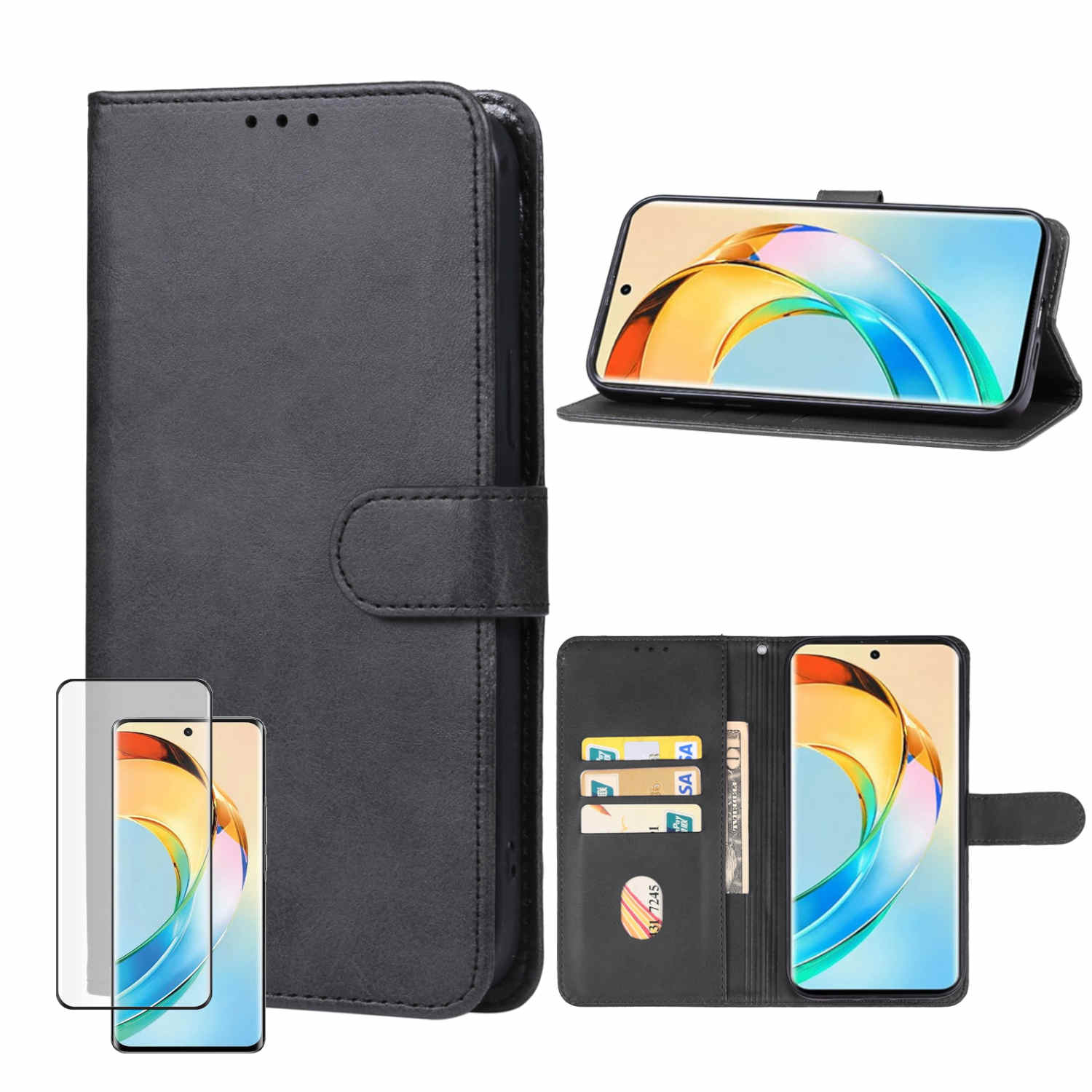 Schwarze Leder-Handyhülle, mit Telefon und Displayschutzfolie. Das Telefon steht.