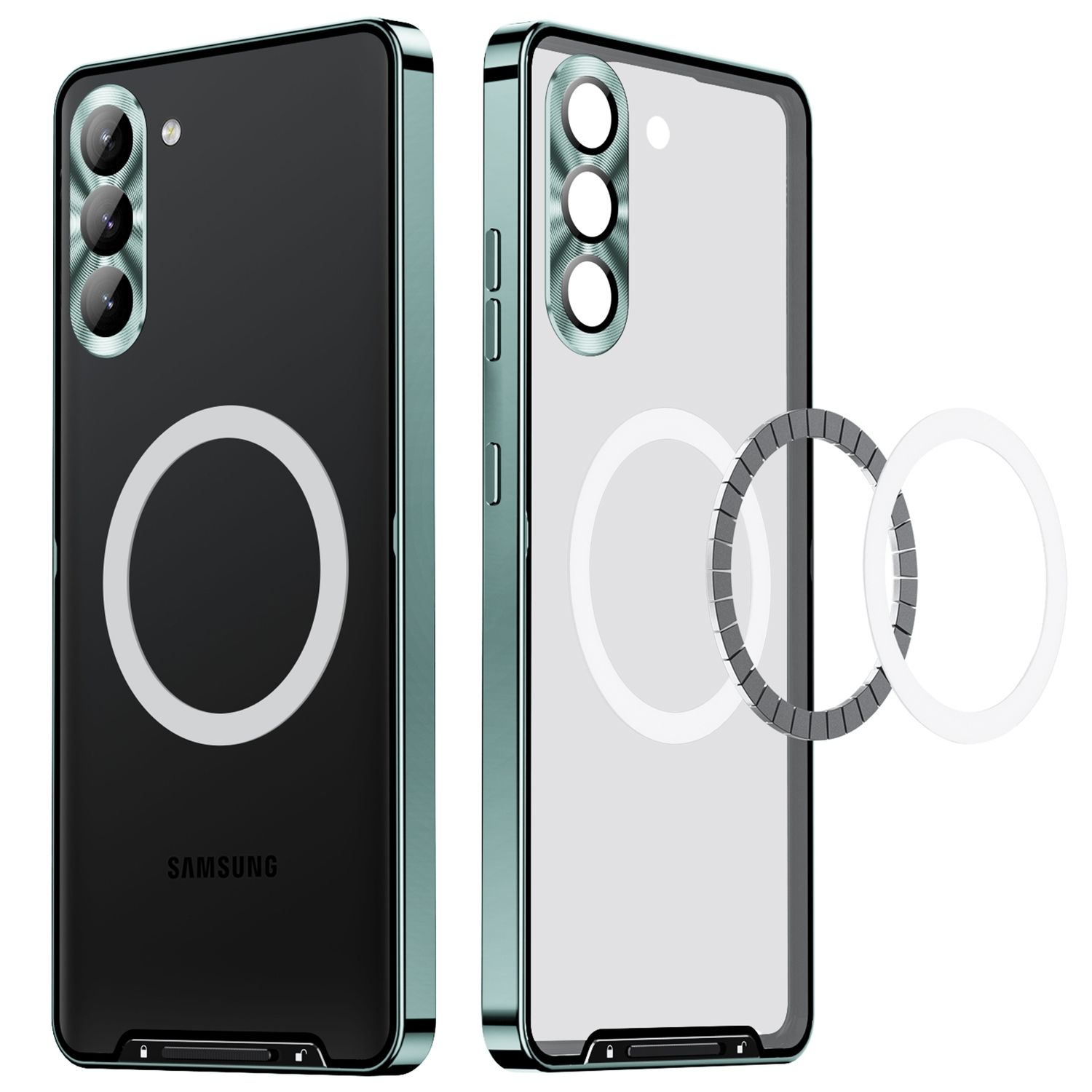 Handyhüllen: schwarz und transparent mit silber/grünen Rändern und Kreismustern auf der Rückseite.