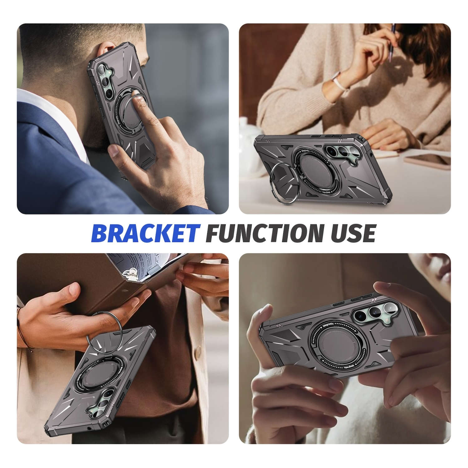 Vier Bilder, die eine Handyhülle mit einem Ringständer zeigen. Das Telefon ist grau mit einem schwarzen Ring.