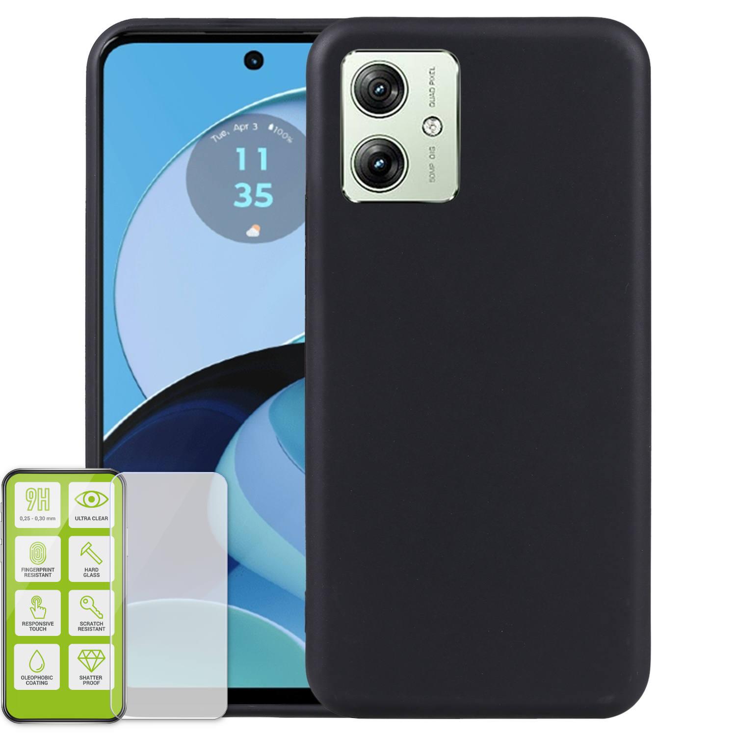 Schwarze Handyhülle mit Displayschutzfolie und Telefon. Mit Displayschutzfolie.