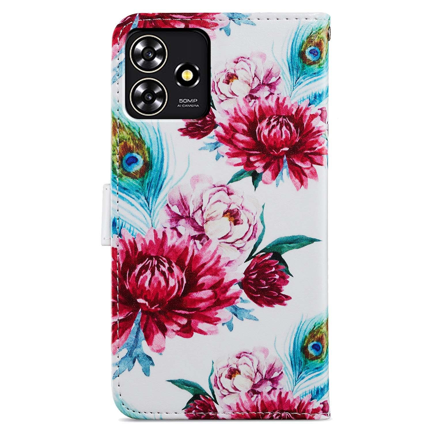 Handyhülle mit Pfingstrosen- und Pfauenfedern-Design, rote Blumen und Federdetails auf Weiß.