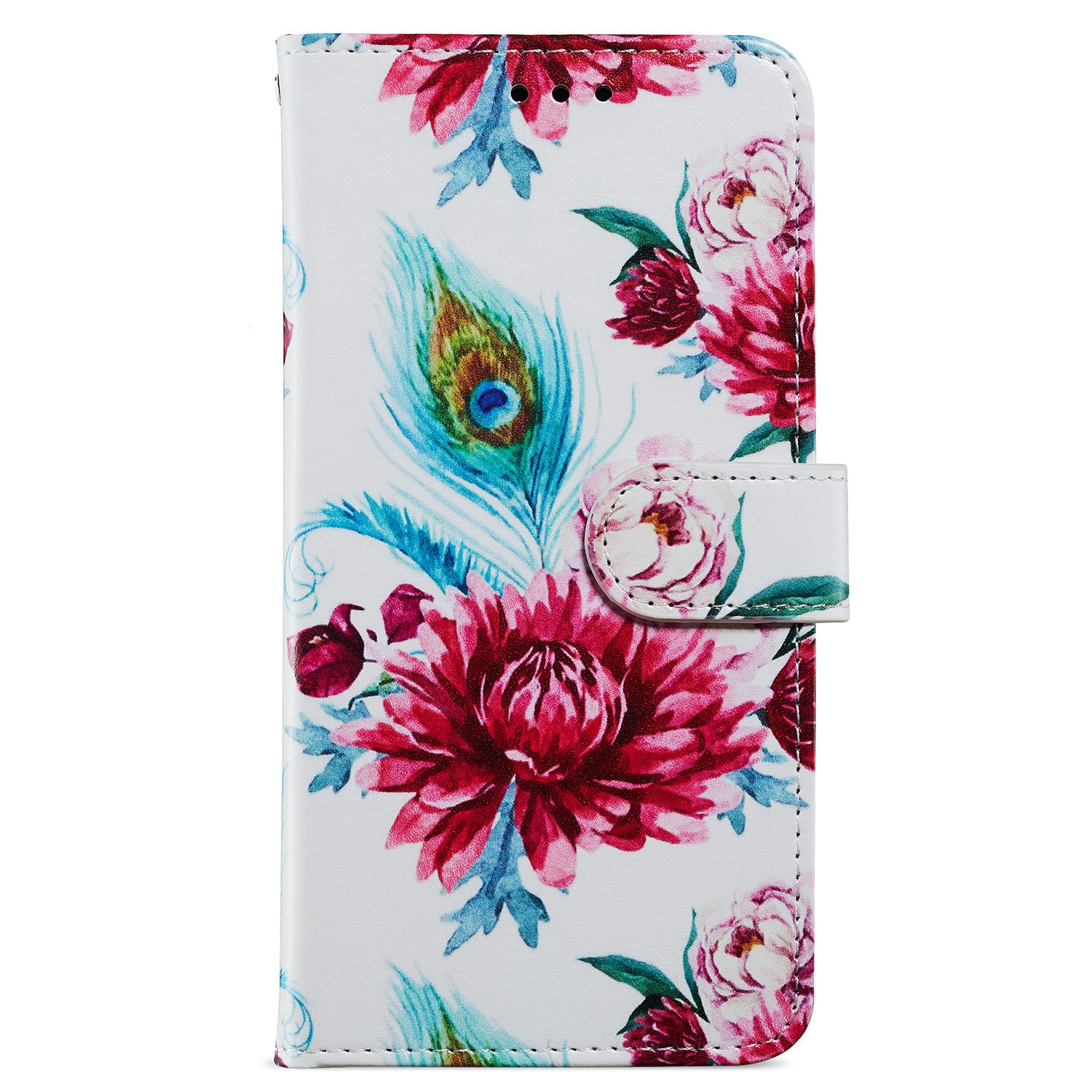 Blumen-Handyhülle mit Pfingstrosen und Pfauenfedern. Weißer Hintergrund mit weißem Knopf.