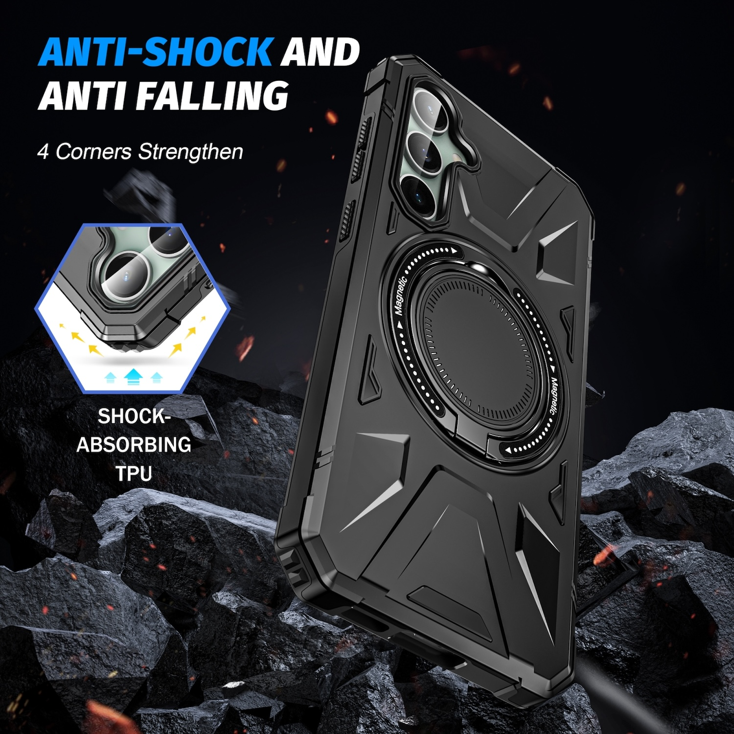 Schwarze Handyhülle mit stoßabsorbierendem TPU. Die Hülle hat einen Magnetring. Der Hintergrund ist dunkler Felsen.