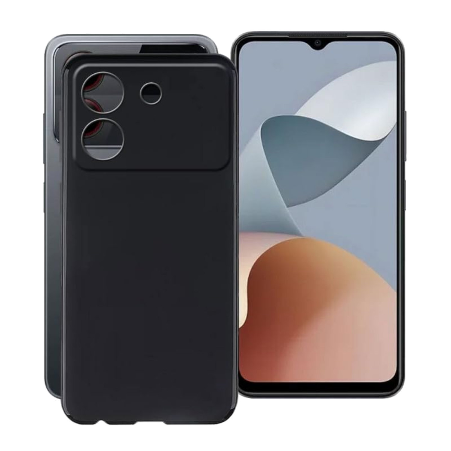 Schwarzes Telefon und Hülle. Links ein Displayschutz mit Schutzsymbolen. Das Telefon hat eine Tropfen-Notch.