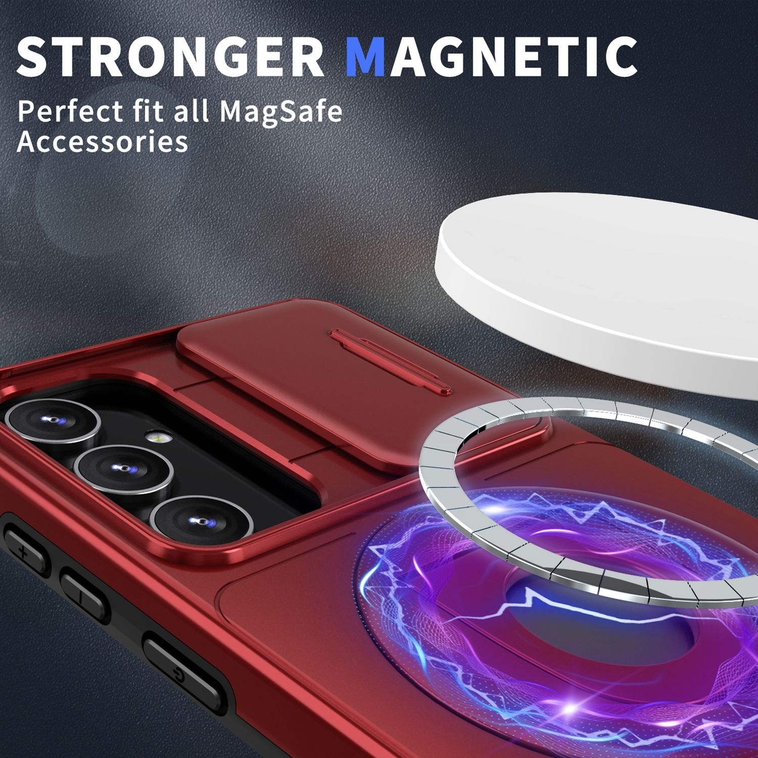 Telefon mit Hülle und magnetischem Zubehör. Die Hülle hat ein Kameradesign und eine Schiebeabdeckung.