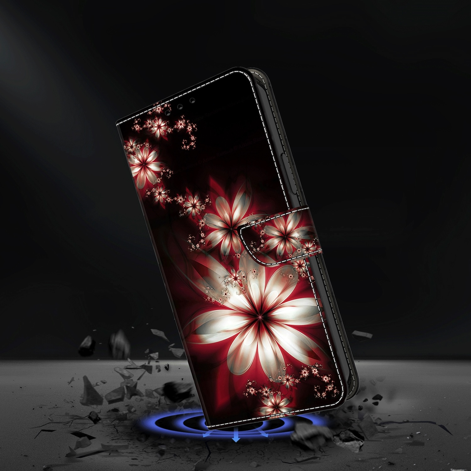 Funda de teléfono con diseño floral y cierre magnético, abierta y en ángulo.