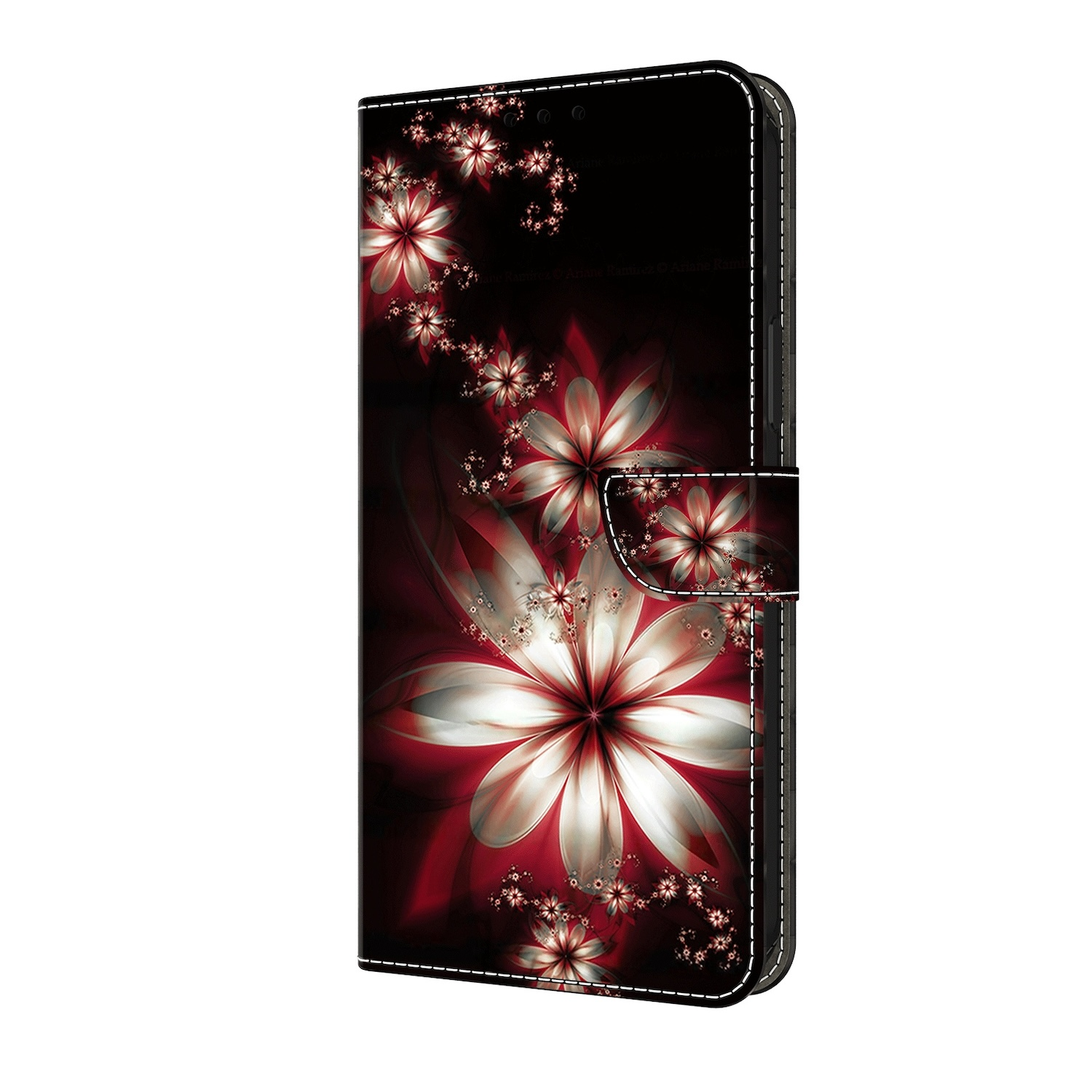 Funda de teléfono con diseño floral, en rojo y blanco, sobre fondo negro con cierre lateral.