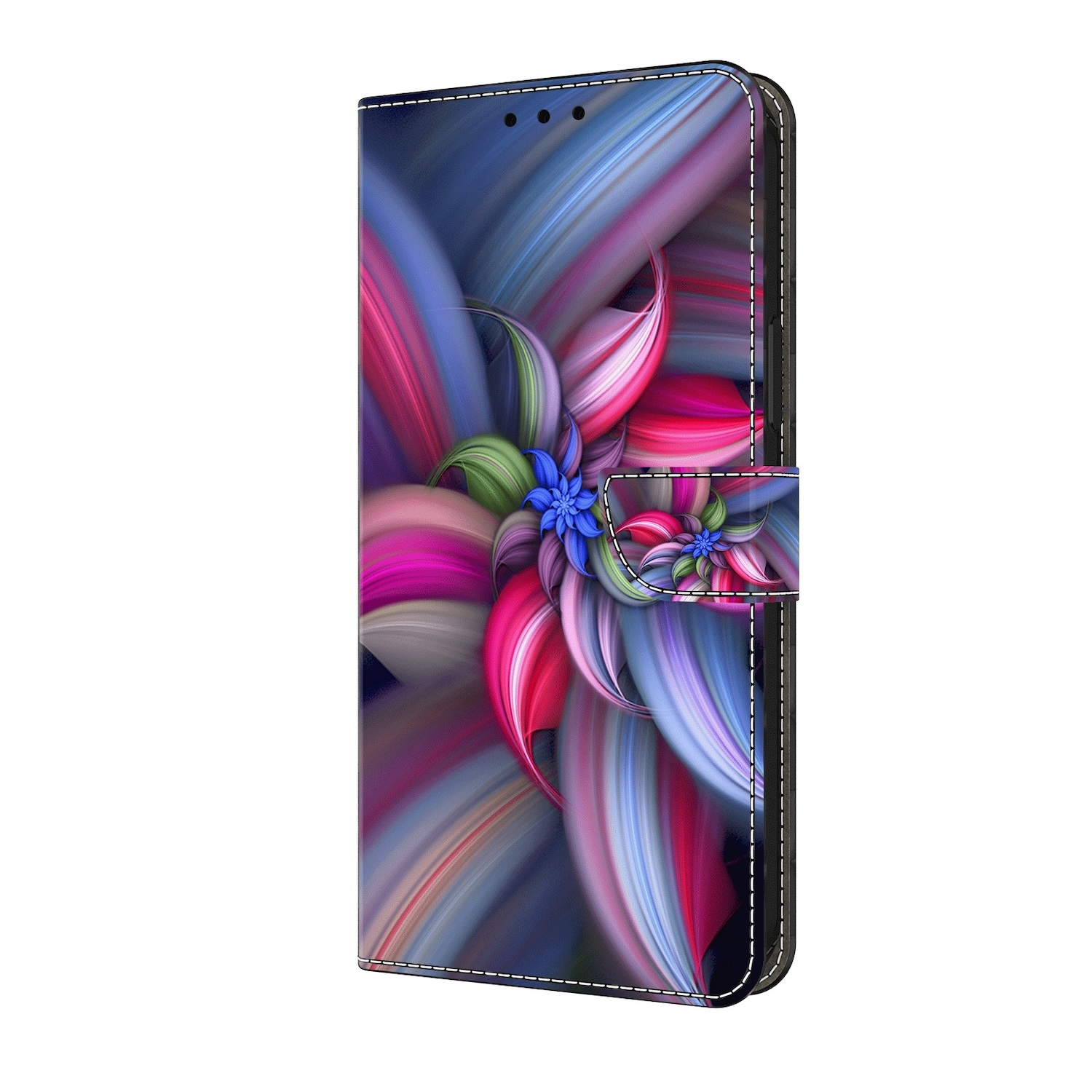 Funda de teléfono con diseño floral colorido. Se abre como una billetera con bordes cosidos.
