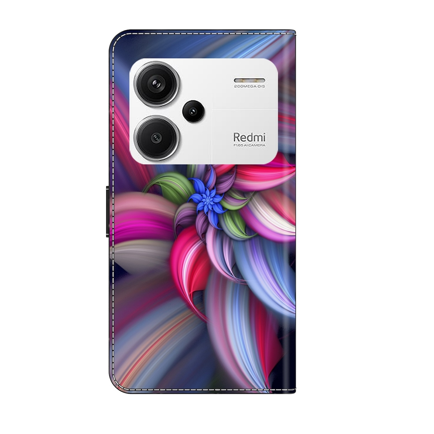 Funda de teléfono con diseño floral abstracto colorido, logo Redmi y detalles de la cámara.