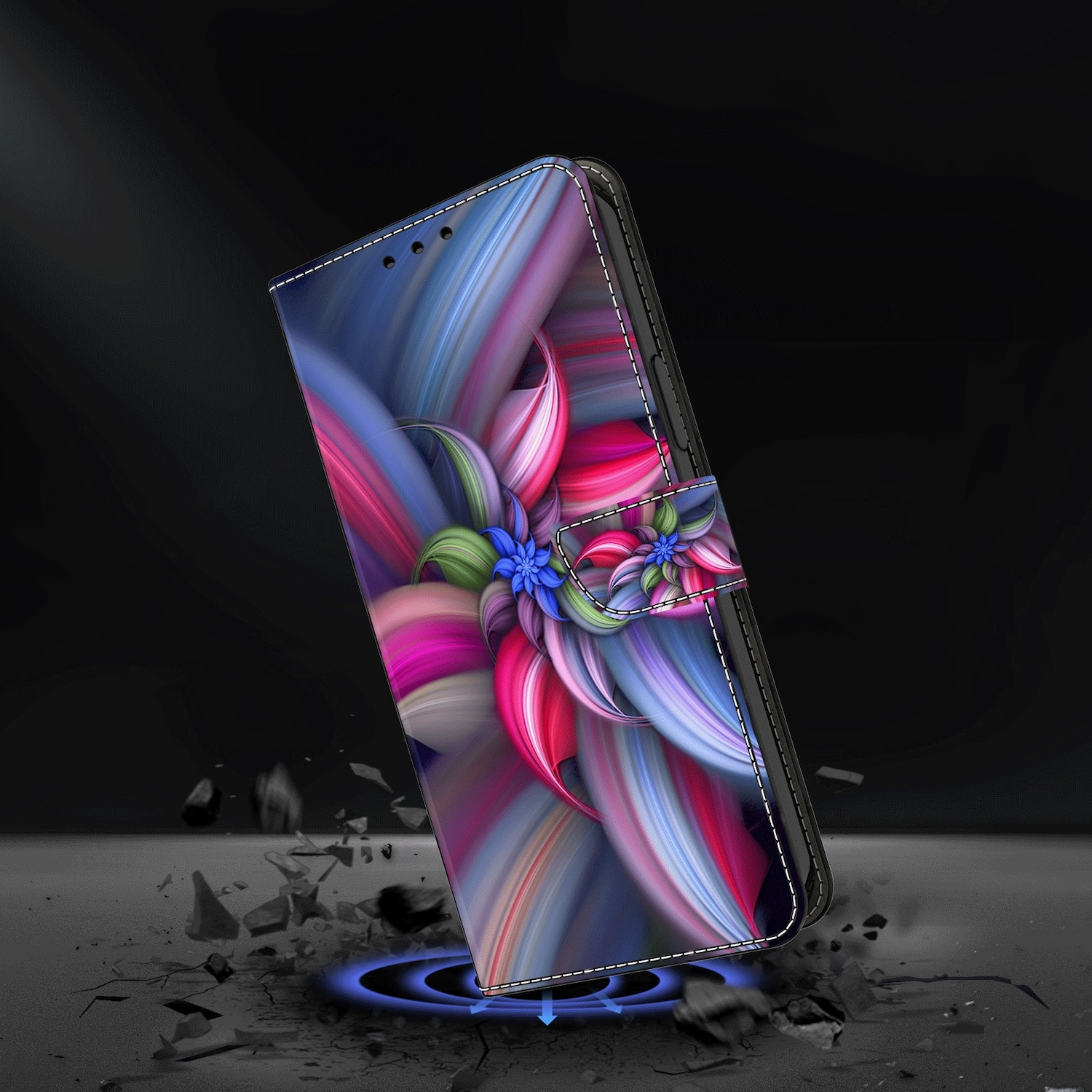 Funda de teléfono con diseño floral abstracto colorido, con efecto de suelo roto.