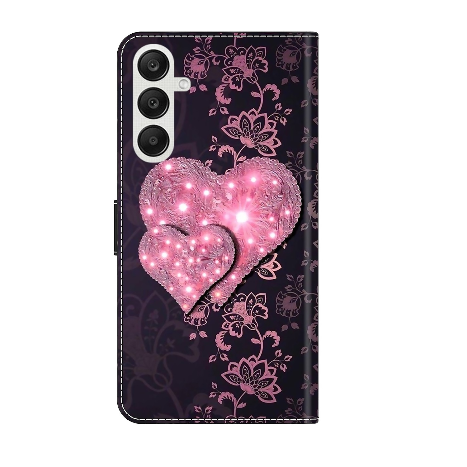 Una funda para teléfono con un diseño de corazón sobre un fondo floral. Tiene una cubierta.