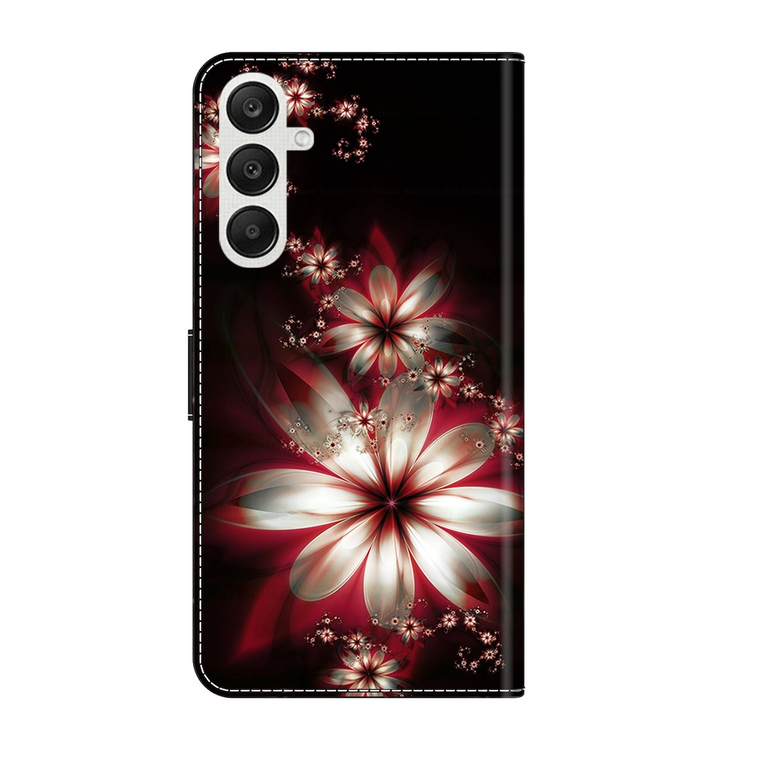 Funda de teléfono con diseño floral rojo y blanco sobre fondo negro.