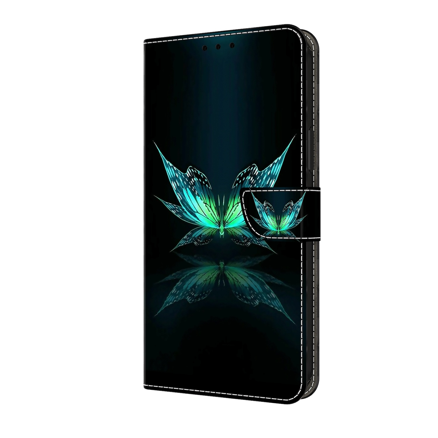 Handyhülle mit Schmetterlingsdesign. Sie ist schwarz mit einem tealfarbenen Schmetterlingsbild und einem Magnetverschluss.