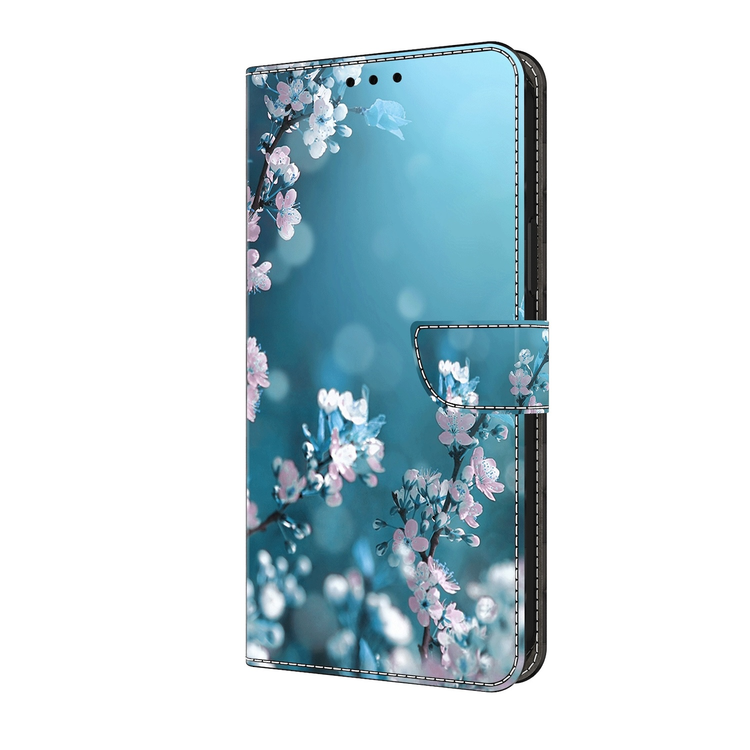 Eine blaue Handyhülle mit floralem Design. Der Hintergrund ist ein blaues, verschwommenes Bokeh.