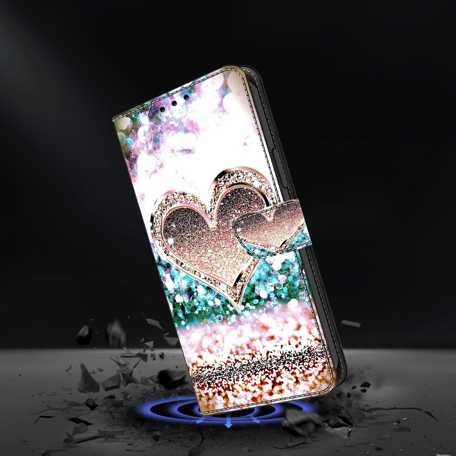 Glitzerndes Herzdesign auf Handyhülle mit funkelndem Hintergrund, mit Rissen.