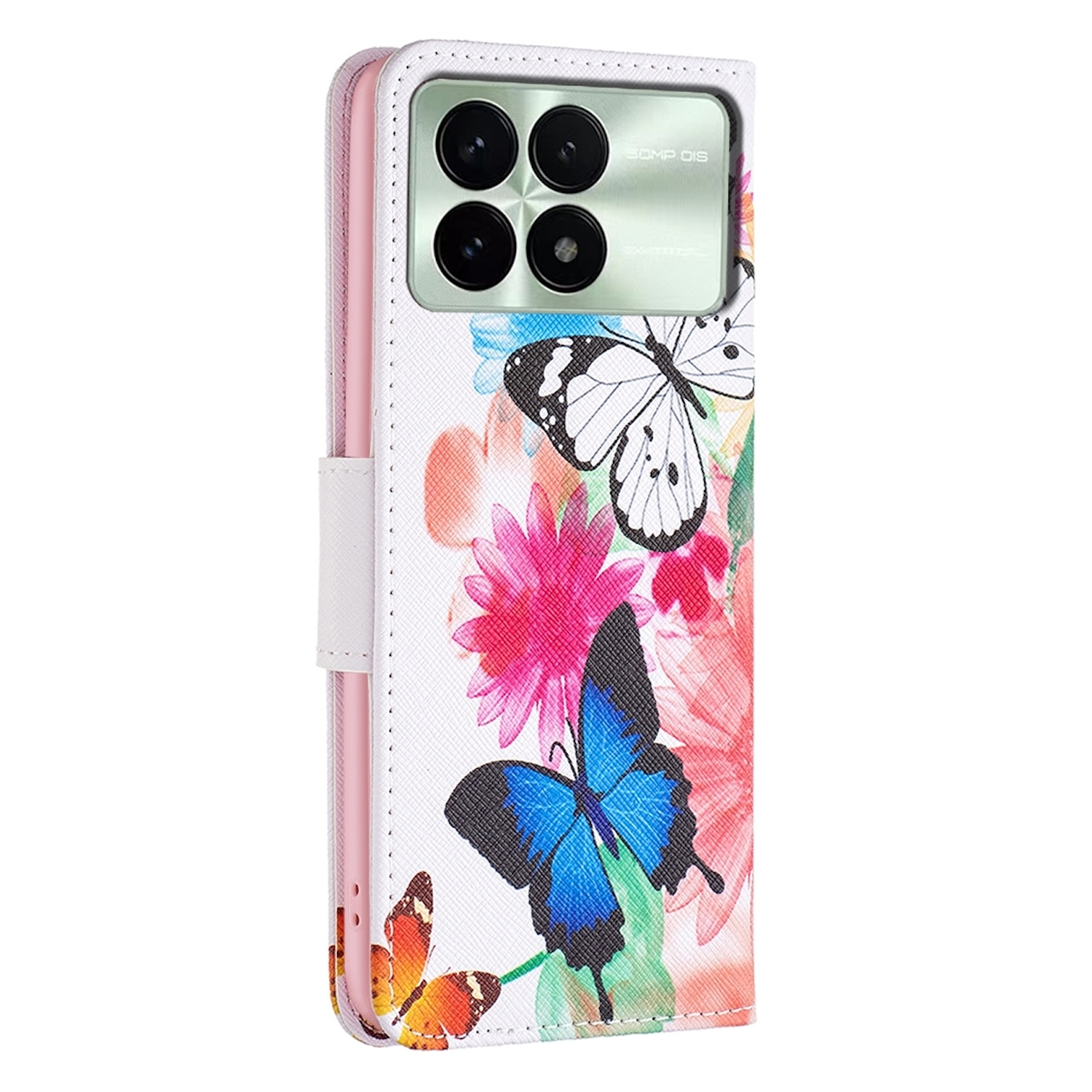 Funda de teléfono con diseño floral y mariposas. La funda está abierta, mostrando el teléfono dentro.