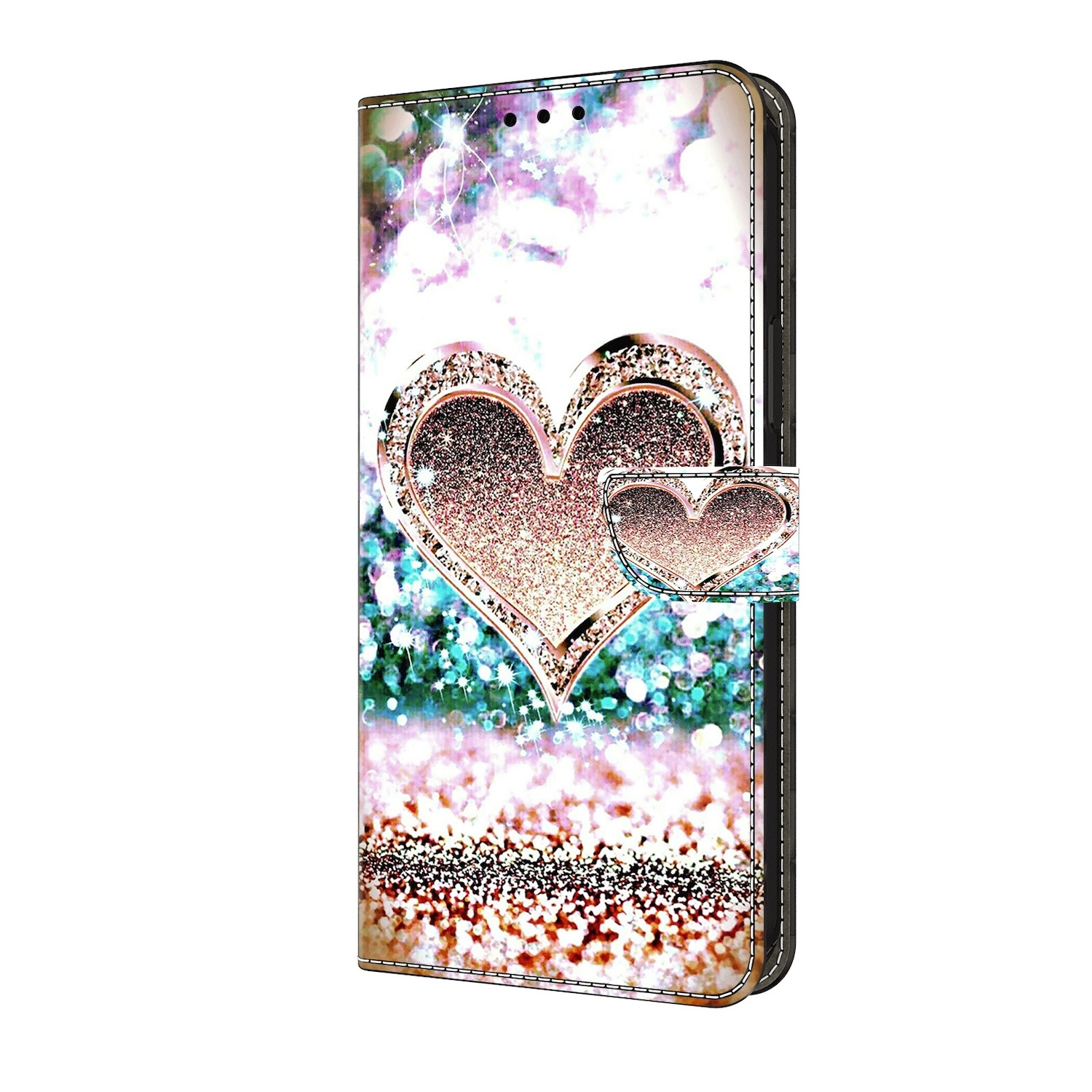 Handyhülle mit zwei glitzernden Herzen. Die Hülle hat einen metallischen Glitzereffekt und einen Magnetverschluss.