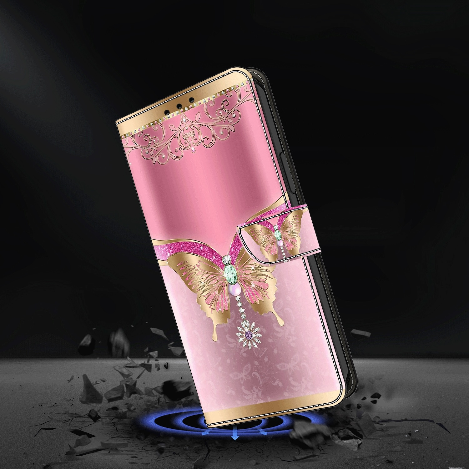 Eine rosa Handyhülle mit Schmetterlingsmotiv und Magnetverschluss.