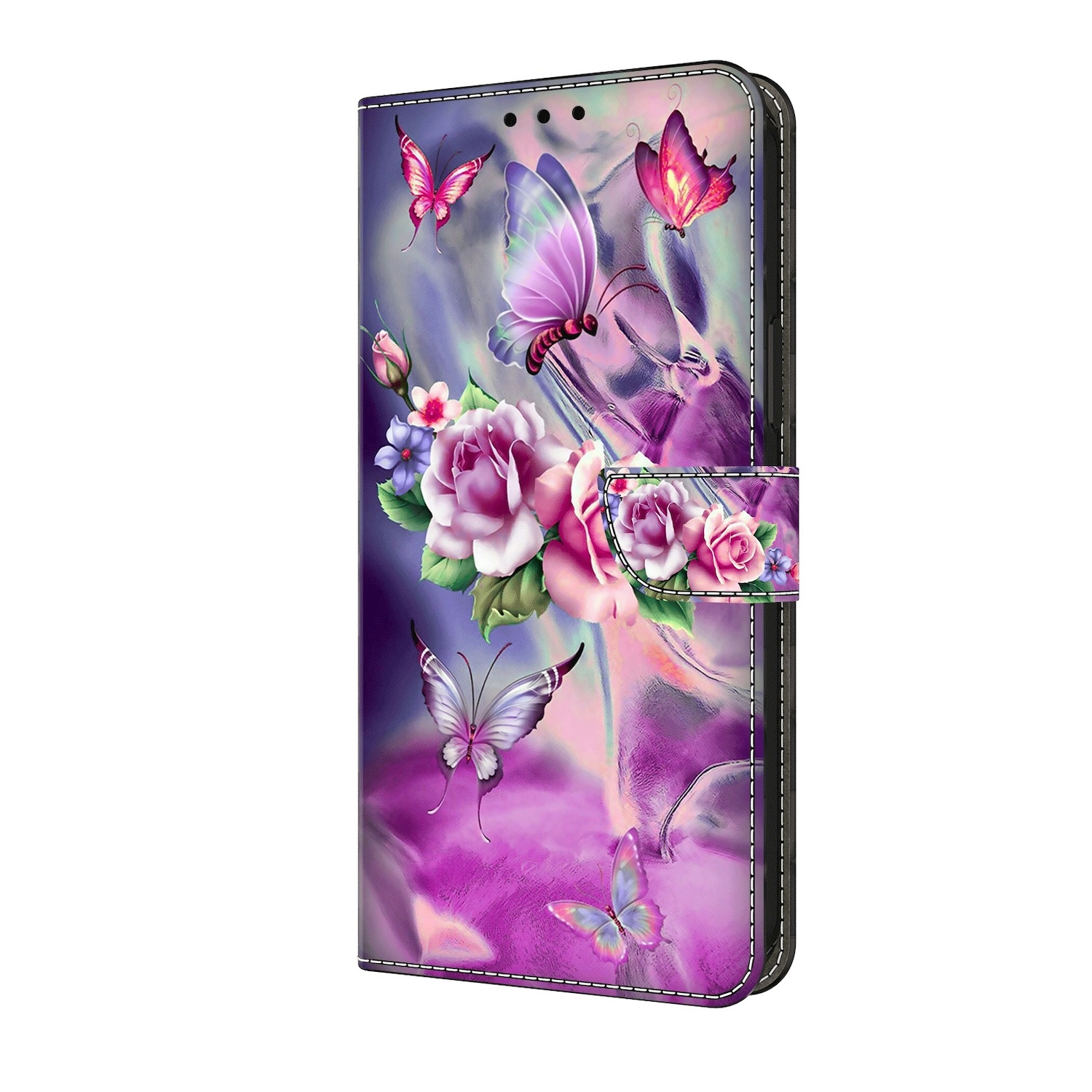 Eine Handyhülle mit Blumendesign und Schmetterlingen, geöffnet und angewinkelt.