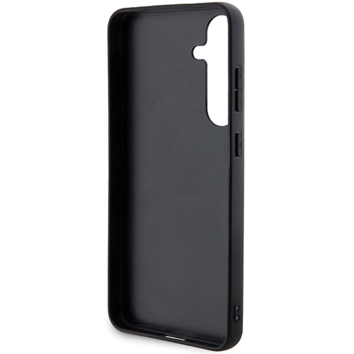 Custodia nera per telefono con fori per pulsanti e fotocamera. La custodia è semplice.