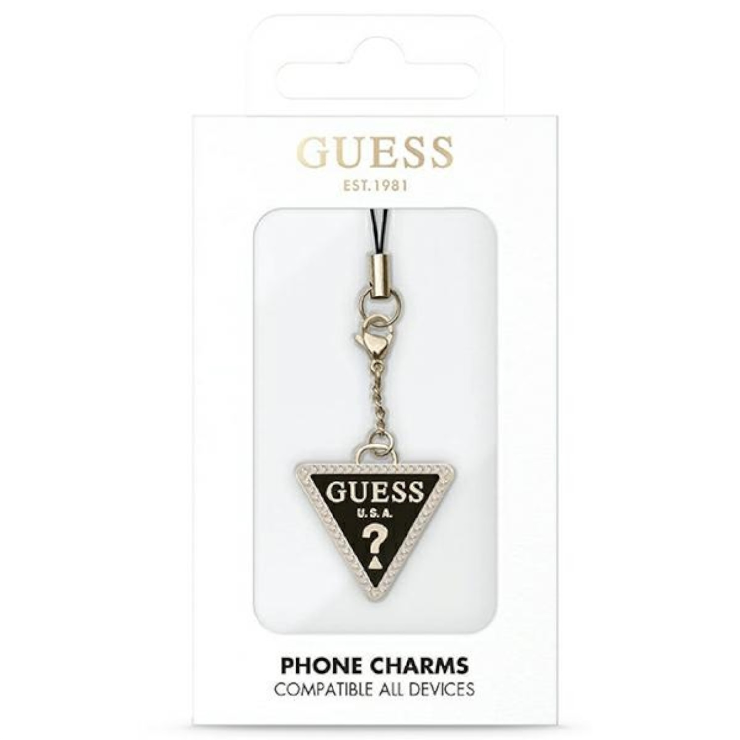 Un charm per telefono Guess nella sua confezione, con un triangolo argentato e il logo Guess.