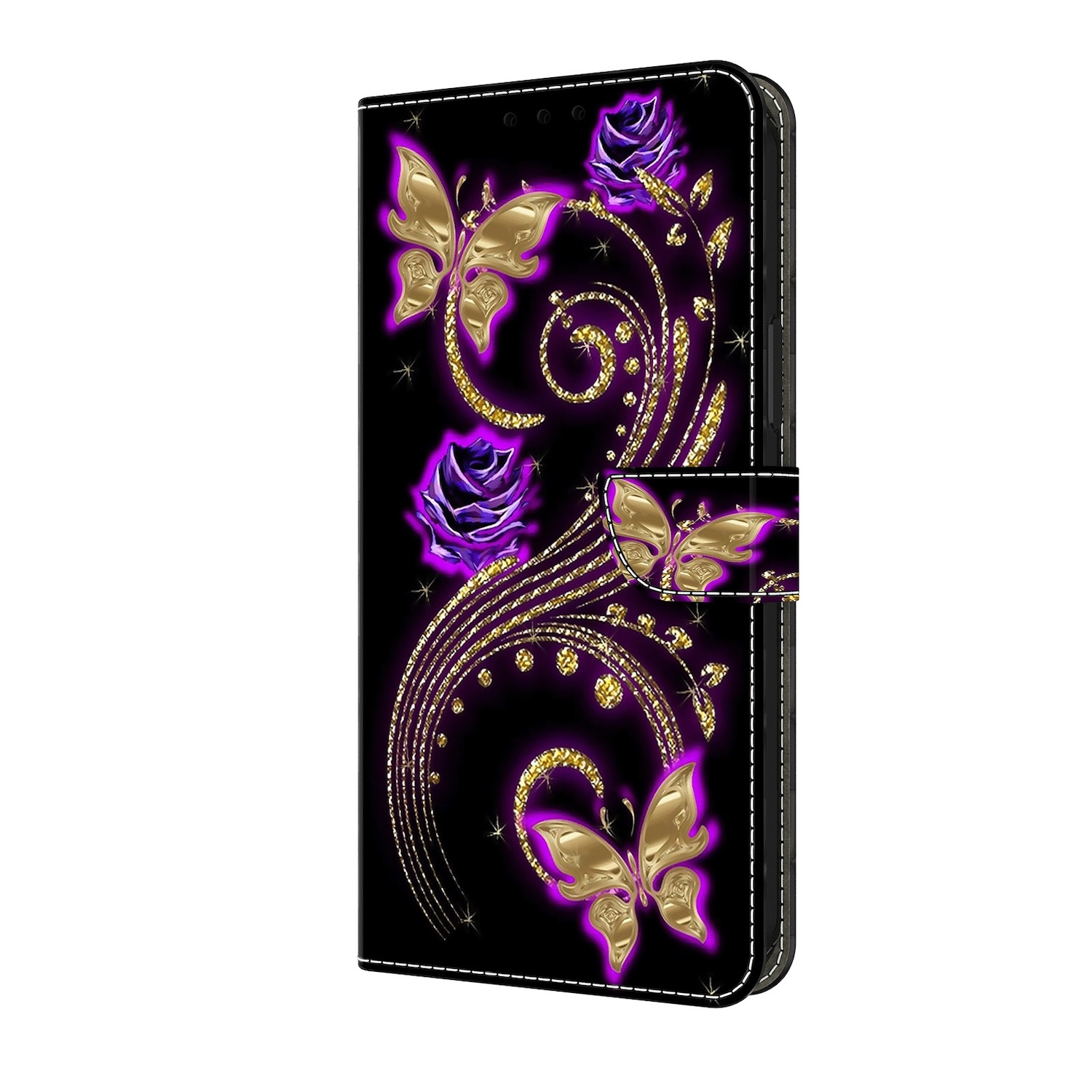Funda negra para teléfono con mariposas doradas, rosas moradas y recorte para cámara.