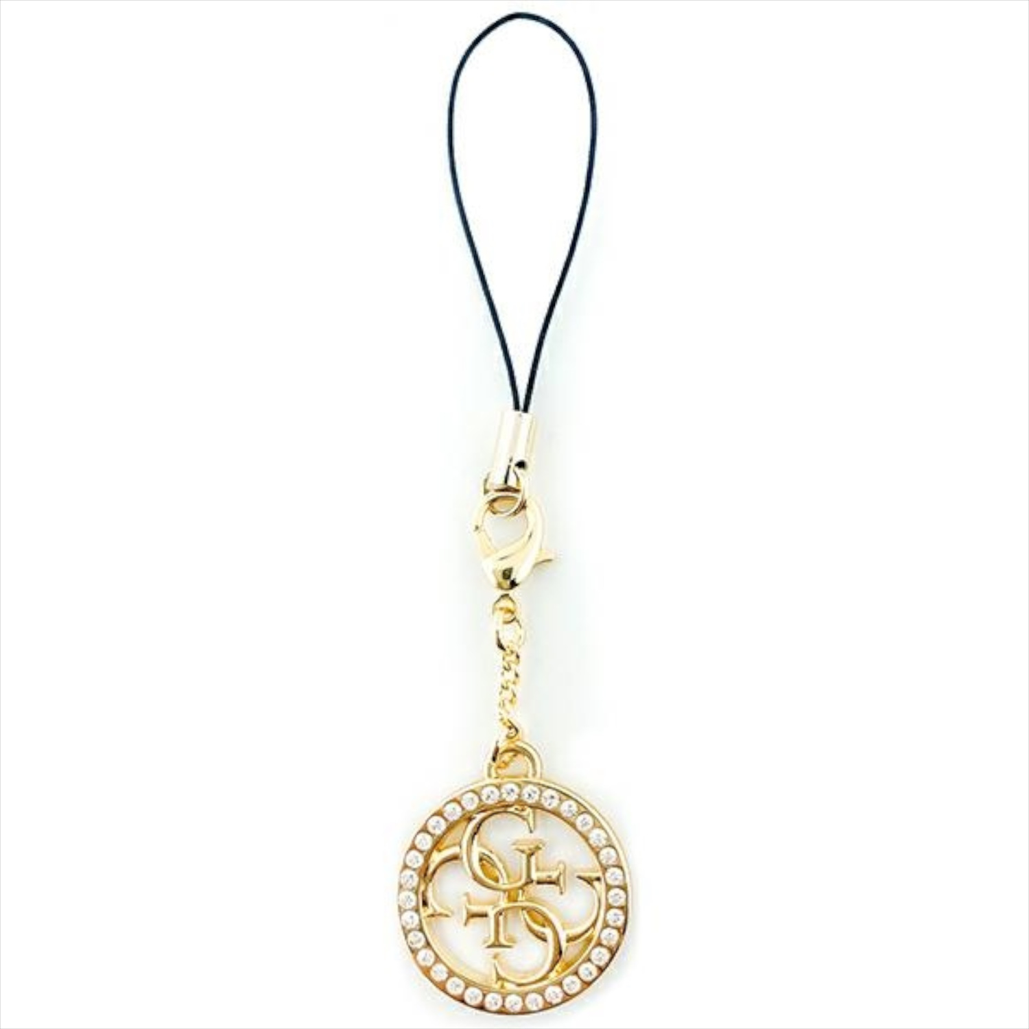 Ciondolo Guess dorato con logo e strass. Cordino nero attaccato.