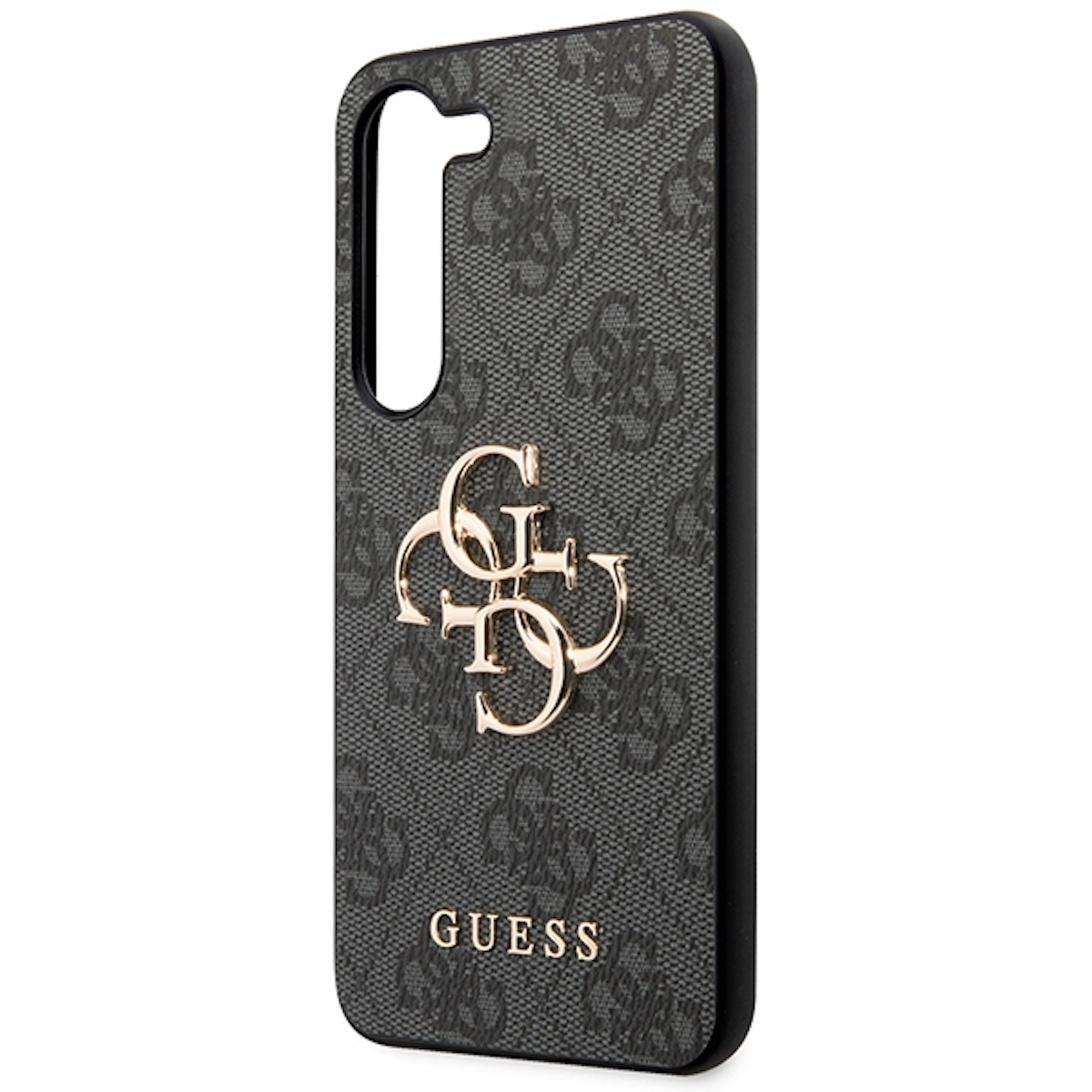 Custodia Guess nera con logo Guess. Sfondo grigio scuro a fantasia. Logo Guess dorato.