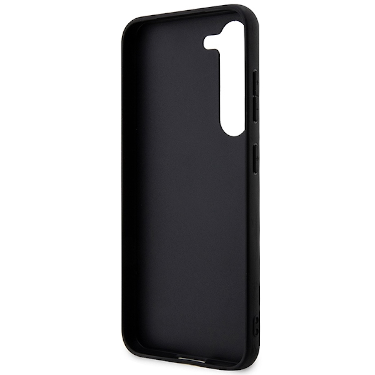 Custodia nera. Ritagli per fotocamera e pulsanti visibili. Superficie nera uniforme.