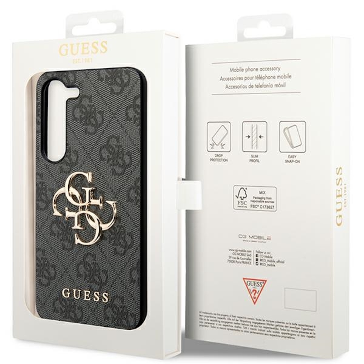 Custodia Guess in scatola. Design grigio a fantasia. La scatola dice protezione dalle cadute, profilo sottile.