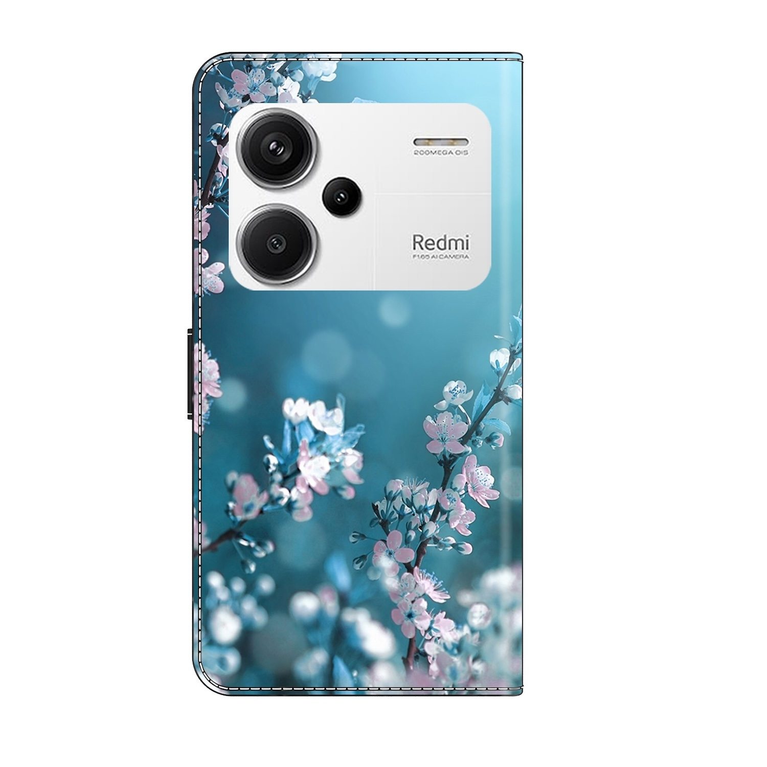 Blaue Handyhülle mit floralem Design. Kirschblütenzweige. Redmi-Kamera sichtbar.