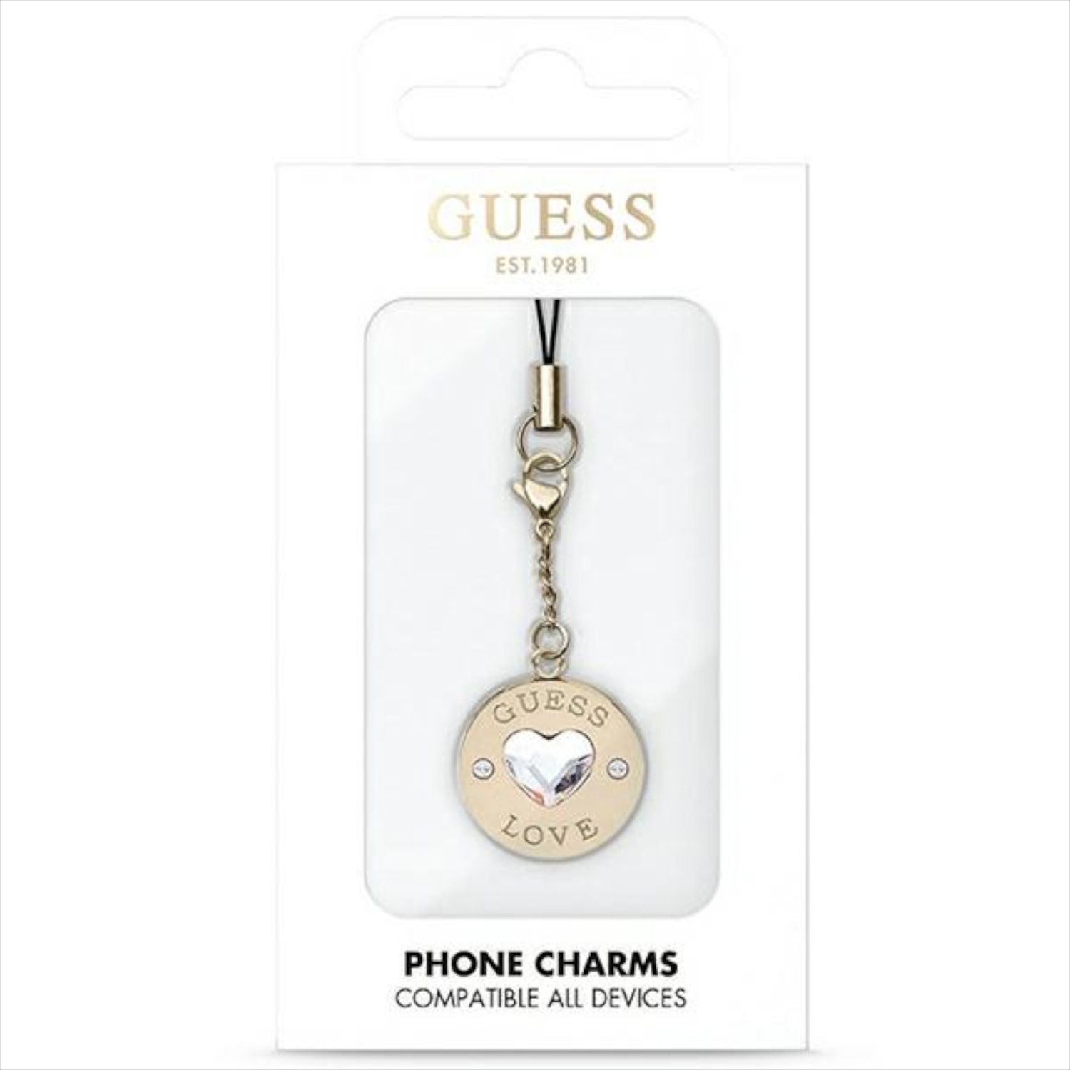 Ciondolo per telefono Guess con cuore e logo. Sfondo bianco.
