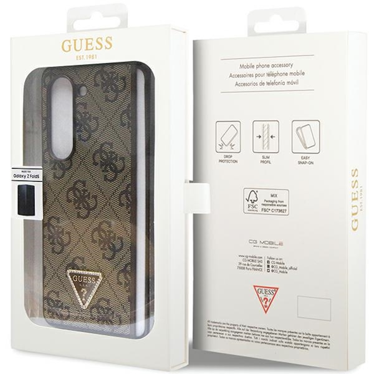 Una custodia per telefono nella sua confezione. La custodia presenta un motivo con il logo Guess marrone.