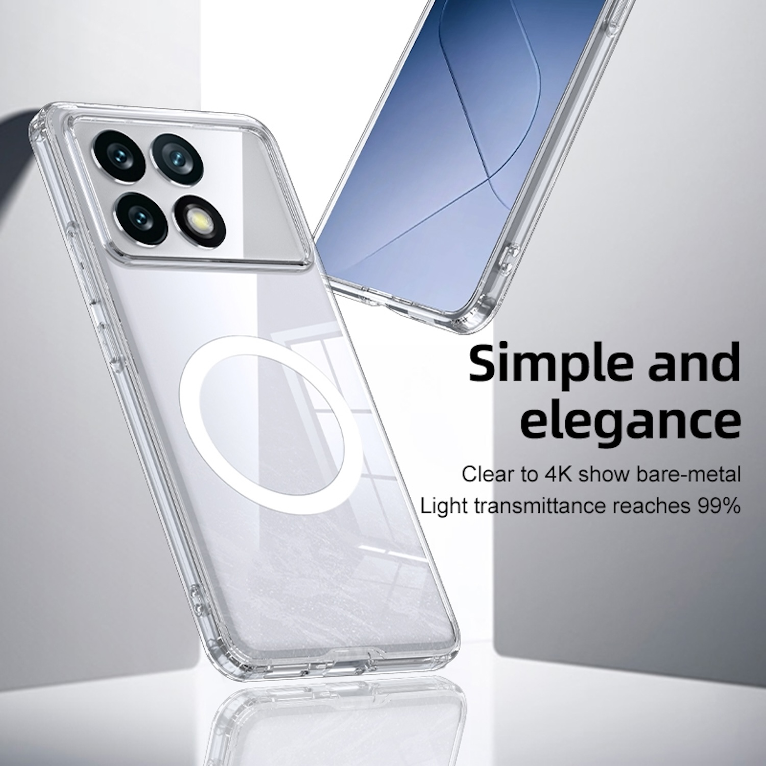 Zwei transparente Handyhüllen mit einem Telefon darin. Text: Einfach und elegant, klar bis 4K.