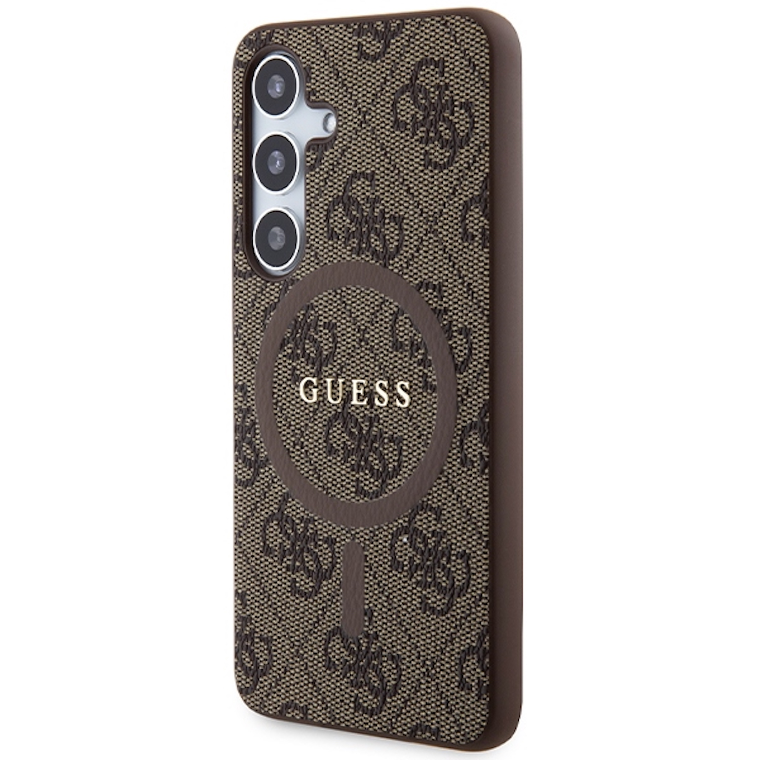 Una custodia per telefono con il motivo del logo Guess. Colore marrone e beige.