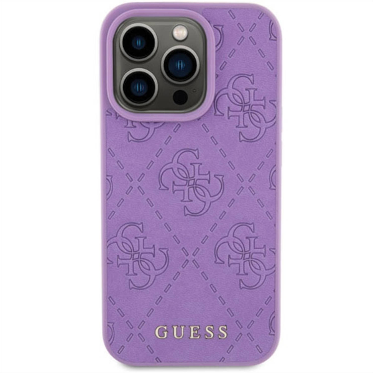 Custodia per telefono viola con motivi geometrici, il logo 'GUESS' e fori per la fotocamera.