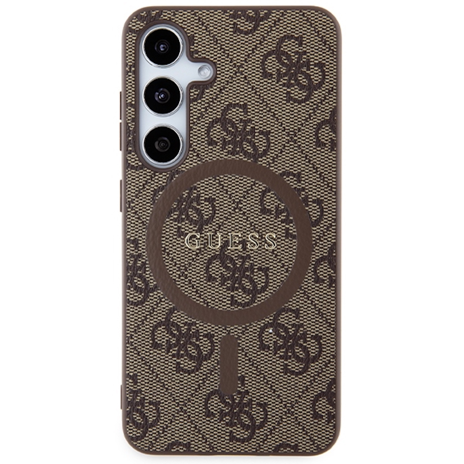 Custodia marrone per telefono con motivo e logo Guess.