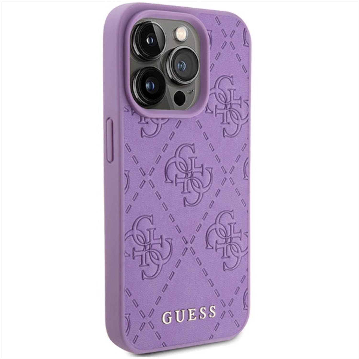 Custodia per telefono Guess viola con motivo logo in rilievo, tre obiettivi e logo Guess.